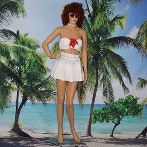 White bikini with a cover-up short skirt/ w flower